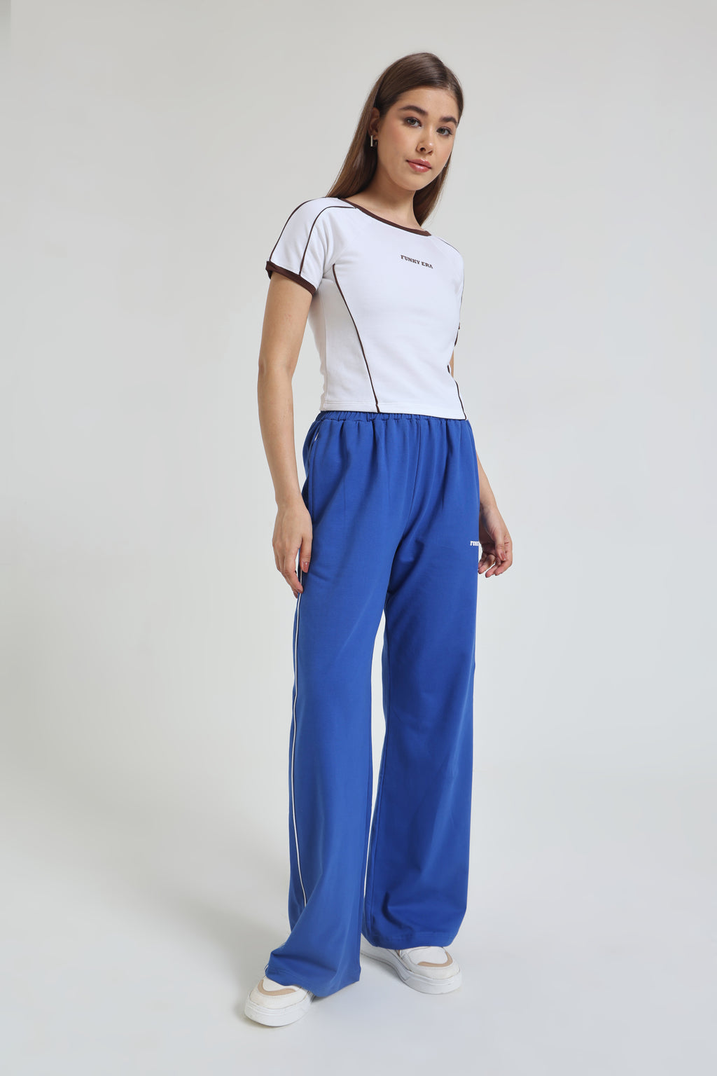 White Baby Tee and Royal Blue Wide-Leg Sweatpants co-ord set